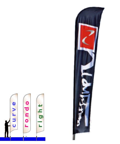 Oriflamme Drapeau publicitaire pour stand, événementiel, foire, PLV Avec mat et sac. Plusieurs système de fixation. Vente en ligne. Prix qualité professionnelle.